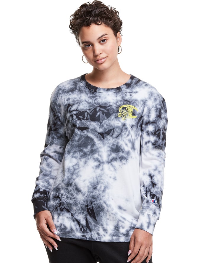 Champion Dame T-Shirts Hvide/Sort - Galaxy Dye Long-Sleeve Boyfriend C Flower Logo - Danmark XOM-958